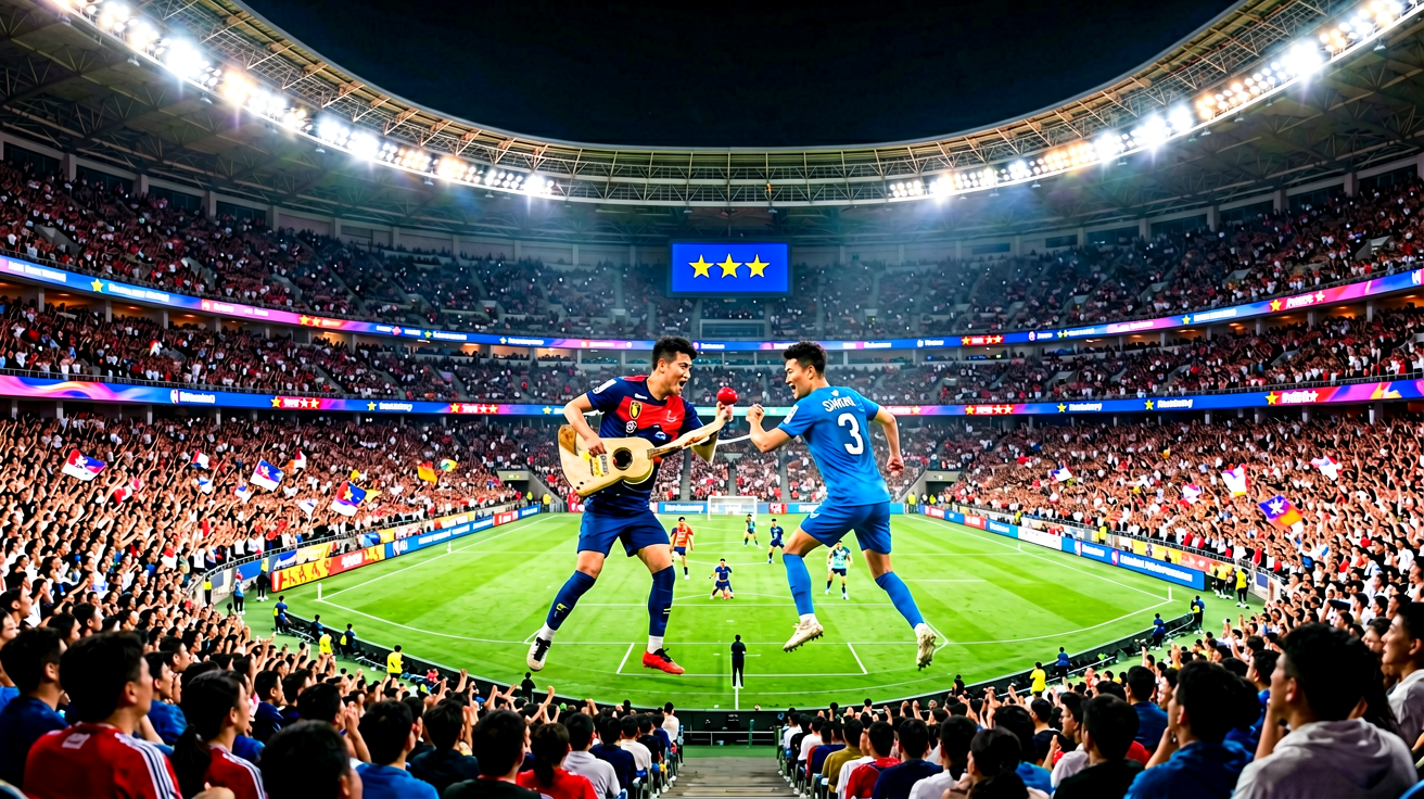 大型体育场馆内灯光璀璨的比赛现场，观众席座无虚席，呈现激烈对抗的巅峰氛围